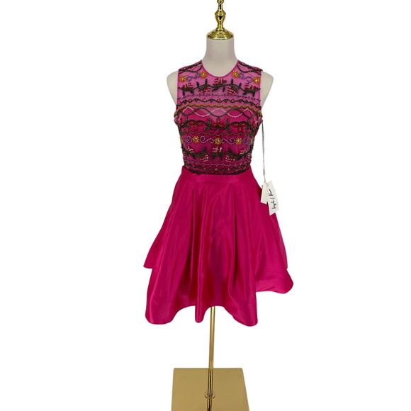 Angela & Alison Beaded Dress Pink Satin 10 Short Formal A-Line Pocket Open Back - Picture 4 of 16